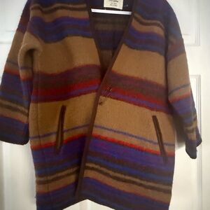Striped Wool Blend Coat in Camel with Blue & Red Stripes